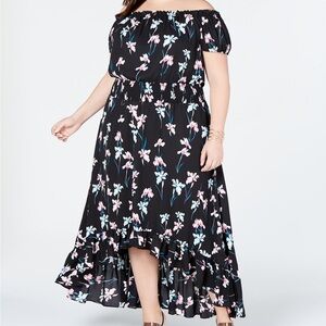 INC International Concepts Black Floral Standing Lily Midi Off Shoulder Dress 2X